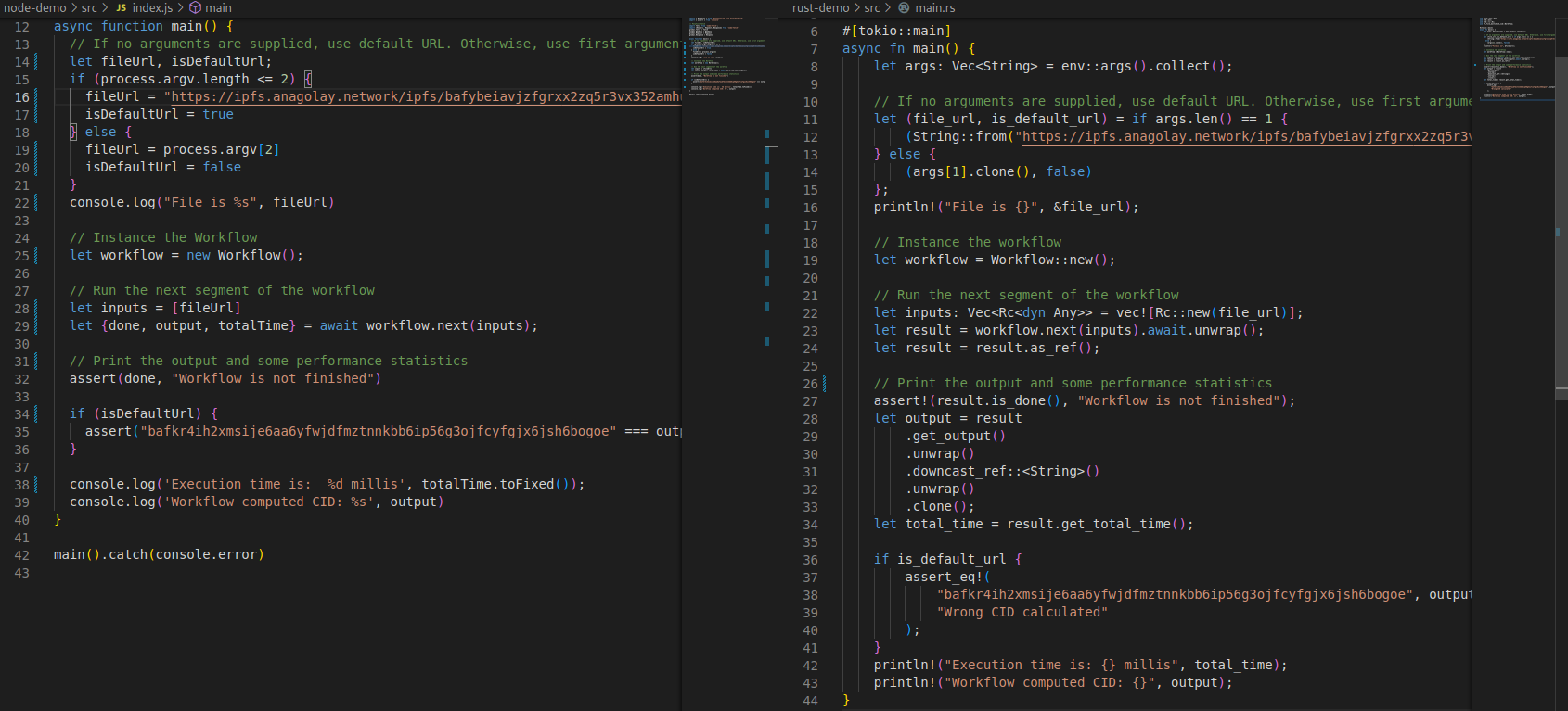 Code to execute the Workflow can be written in JavaScript (left) and in Rust (right). These examples are taken from the Deliverable Support repo